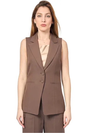 Patrizia Pepe Jassen, Dames, Bruin, M, Linnen, Bruine Linnen Viscose Gilet met Vliegdetaillering