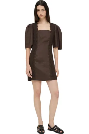 Isabelle Blanche Kleedjes, Dames, Bruin, L, Katoen, Korte jurk met geperforeerde details