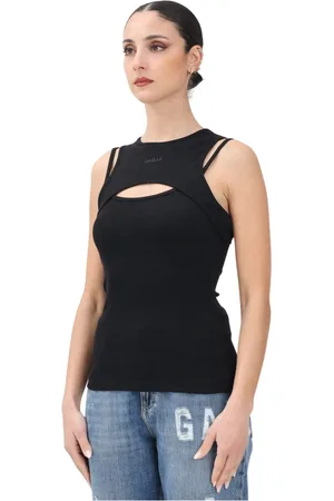 GAËLLE Tops, Dames, Zwart, M, Zwarte Geribbelde Tanktop met Uitgesneden Detail