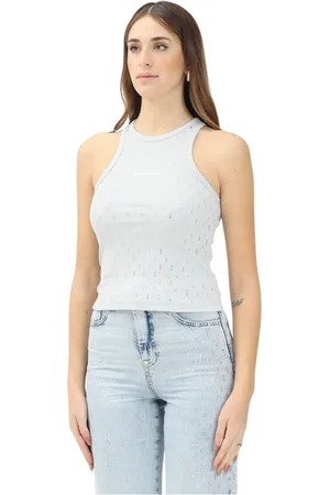 Patrizia Pepe Tops, Dames, Grijs, M, Katoen, Grijze Geribbelde Katoenen Tanktop met Strass Details