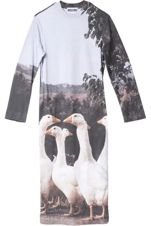 Moschino Kleedjes, Dames, Veelkleurig, S, Katoen, Lange Gans Print Katoenen Jurk