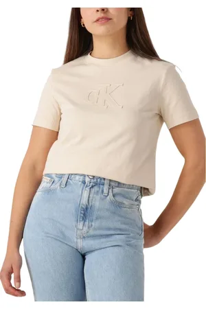 Calvin Klein Tops, Dames, , L, Witte Applique Regular Tee