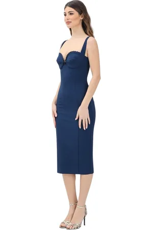 Elisabetta Franchi Kleedjes, Dames, Blauw, XS, Blauwe Midi Jurk met Geborduurde Rand
