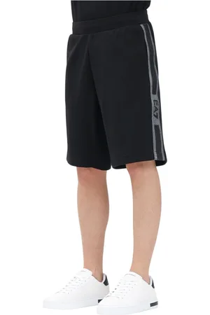 EA7 Korte broeken, Heren, Zwart, S, Katoen, Sportieve Zwarte Shorts met Logostreep