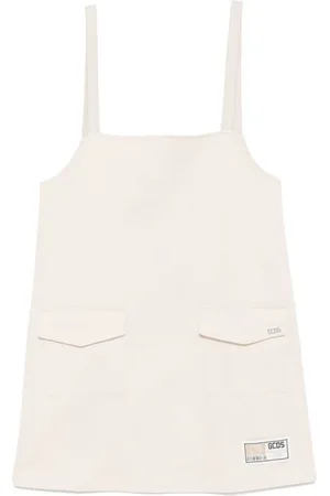 GCDS Kleedjes, Dames, Wit, M, Katoen, Beige Gabardine Mouwloze Jurk