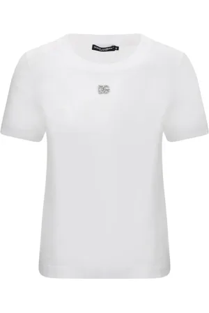 Dolce & Gabbana Tops, Dames, Wit, S, Katoen, Monogram Plaque Katoenen T-shirt