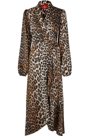 Crās Kleedjes, Dames, Bruin, XS, Polyester, Bloemen wikkeljurk met ruches