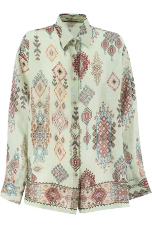 ERMANNO SCERVINO Blouses & Shirts, Dames, Groen, S, Ramie Lange Mouw Kraag Shirt