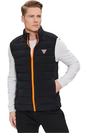 Guess Jassen, Heren, Zwart, M, Mouwloze gewatteerde jas met rits