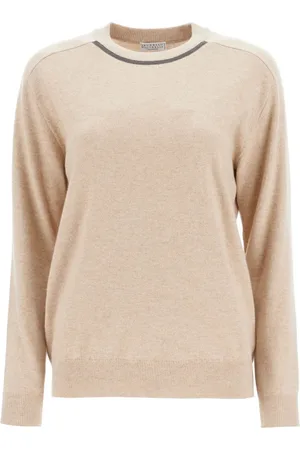 Brunello Cucinelli Truien, Dames, , XL, Cashmere Crewneck Pullover met Monile Borduursel