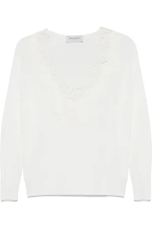 ERMANNO SCERVINO Truien, Dames, Wit, S, Katoen, Witte V-Hals Geborduurde Trui