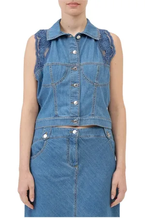 ERMANNO SCERVINO Jassen, Dames, Blauw, S, Katoen, Korte vest met kantdetail