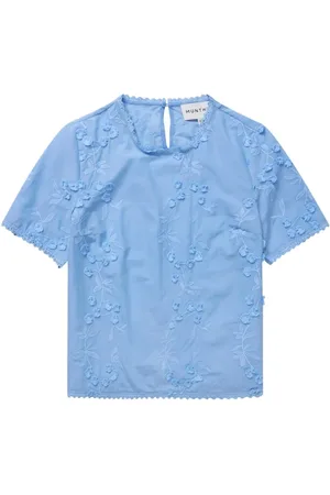 Munthe Blouses & Shirts, Dames, Blauw, S, Katoen, Blauwe Bloemen Geborduurde Tee