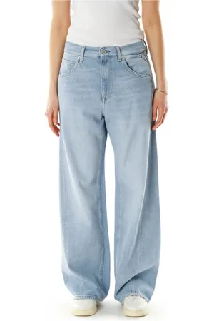 Replay Jeans, Dames, Blauw, W28 L30, Katoen, Baggy Fit Jeans met Moustache Effect
