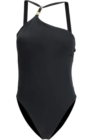 VERSACE Badkleding, Dames, Zwart, S, Chique Badpak met Iconische Logo Plakkaat