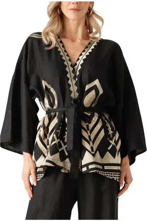 Greek Archaic Kori Blouses & Shirts, Dames, Zwart, S, Linnen, Elegante Zwarte Linnen Blouse
