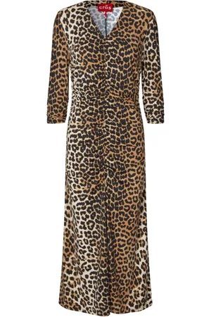Crās Kleedjes, Dames, Bruin, L, Nylon, Flatterende V-hals Jurk met Gedrapeerd Detail