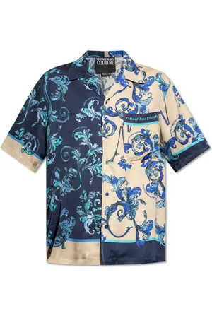VERSACE Overhemden, Heren, Blauw, S, Barocco print overhemd