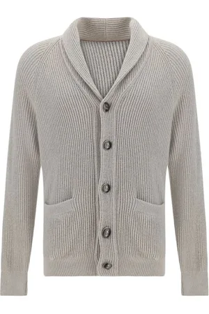 Brunello Cucinelli Truien, Heren, Grijs, S, Katoen, Geribbelde Katoenen Shawl Cardigan