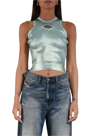 Diesel Tops, Dames, Groen, L, Metallic geribbelde top met Oval D metalen plaat