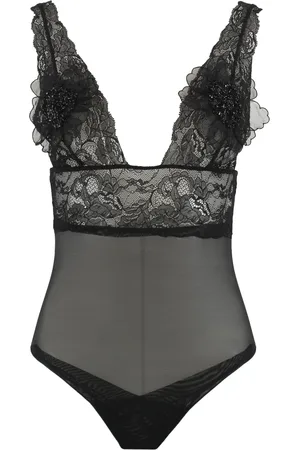 Elisabetta Franchi Tops, Dames, Zwart, S, Bloemen Kant Bodysuit Verstelbare Bandjes