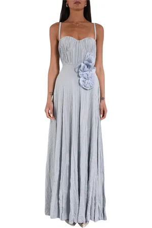 Elisabetta Franchi Kleedjes, Dames, Blauw, M, Polyester, Lange Jersey Lurex Jurk met Bloemenborduursel