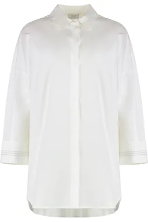 PESERICO SIGN Blouses & Shirts, Dames, Wit, M, Katoen, Geborduurd Katoenen Overhemd Ruime Pasvorm