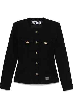 VERSACE Jassen, Dames, Zwart, M, Denim, Zwarte Denim Jack met Knoopsluiting