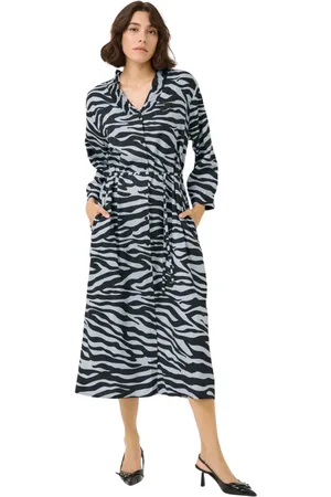 Kaffe Kleedjes, Dames, Veelkleurig, M, Blauw/Zwart Grafische Jurk met V-Hals