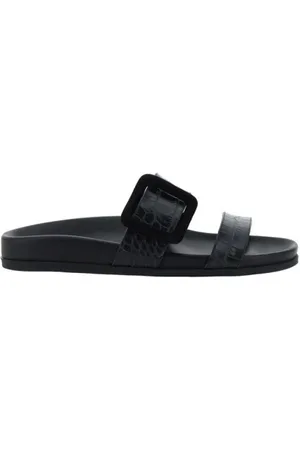 Manolo Blahnik Schoenen, Dames, Zwart, 37 1/2 EU, Leer, Krokoleer Slide Sandaal