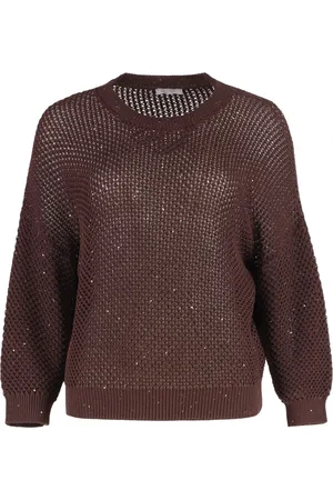 PESERICO SIGN Truien, Dames, Bruin, M, Katoen, Katoenen crew-neck sweater met pailletten