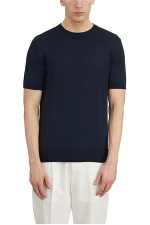 Paolo Pecora Tops, Heren, Blauw, L, Katoen, Zijden en Katoenen Ronde hals Top