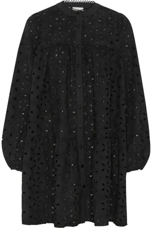 Kaffe Kleedjes, Dames, Zwart, XS, Katoen, Zwart Diep Geborduurde Jurk