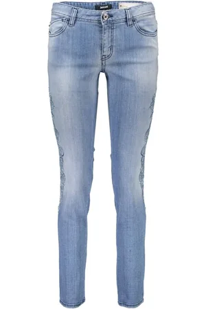 Roberto Cavalli Jeans, Dames, Blauw, W25, Blauwe Jeans met Borduursel en Contrastdetails