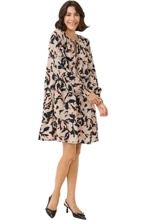 Kaffe Kleedjes, Dames, Veelkleurig, S, Nylon, Korte Jurk Beige/Zwart/Peach Blurry Leaf