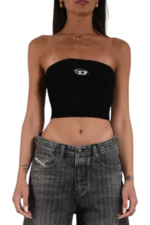 Diesel Tops, Dames, Zwart, XS, Katoen, Ribtop met metalen Oval D-plaat