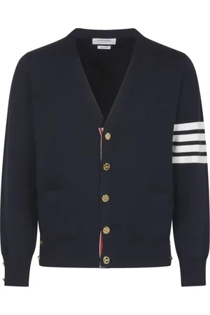 Thom Browne Truien, Heren, Blauw, L, Katoen, Blauwe V-hals Cardigan Katoen Crepe