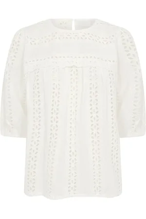 Kaffe Blouses & Shirts, Dames, Wit, 3Xl, Geborduurde Blouse met 3/4 Mouwen