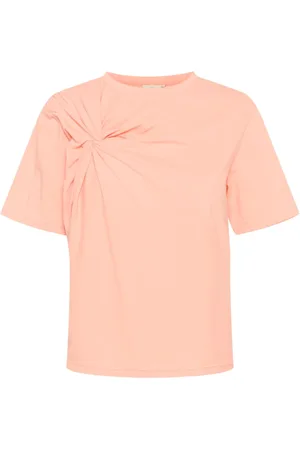 Kaffe Tops, Dames, Roze, L, Katoen, Perziknectar T-shirt met Knoopdetail