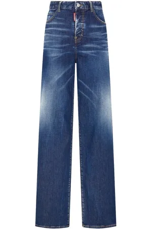Dsquared2 Jeans, Dames, Blauw, S, Katoen, Versleten Wijde Pijp Jeans