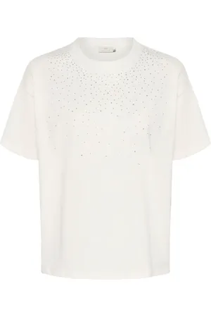 Kaffe Tops, Dames, Wit, 2Xl, Katoen, Stijlvolle Tee met Similisten Detail