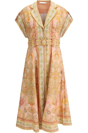 ZIMMERMANN Kleedjes, Dames, Veelkleurig, S, Linnen, Bloemenknoop Linnen Midi Jurk