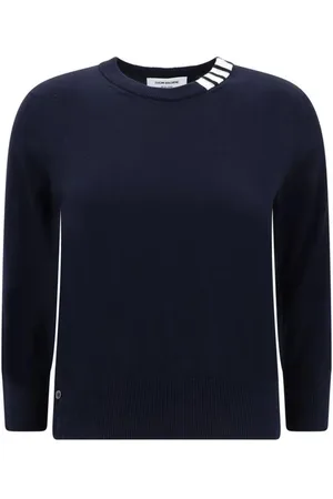 Thom Browne Truien, Dames, Blauw, S, Katoen, Geribbelde Crew Neck Sweater met Contrasterende Banden