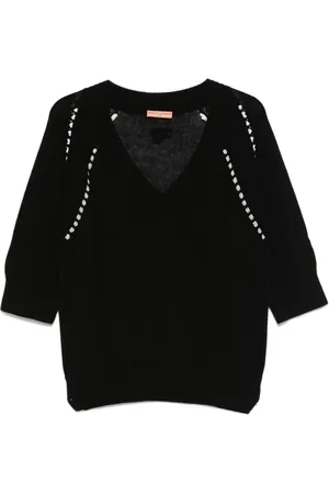 ERMANNO SCERVINO Truien, Dames, Zwart, L, Katoen, Zwarte V-hals Katoenen Trui