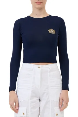ERMANNO SCERVINO Tops, Dames, Blauw, M, Blauwe Crop Top met Lange Mouwen en Gouden Wapen