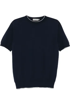 CANALI Tops, Heren, Blauw, L, Navy Gestreept Fijngebreid T-shirt