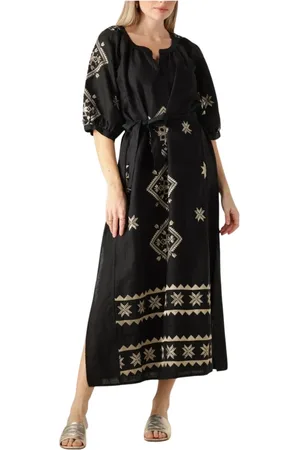 Greek Archaic Kori Kleedjes, Dames, Zwart, M, Linnen, Zwarte Maxi Jurk Elegante Charme
