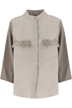 LE TRICOT PERUGIA Blouses & Shirts, Dames, Grijs, S, Linnen, Linnen Shirt met Mandarin Kraag en Zakken