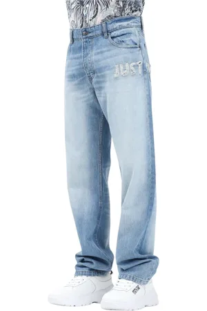 Roberto Cavalli Jeans, Heren, Blauw, W34, Katoen, Blauwe Rechte Snit Geborduurde Jeans