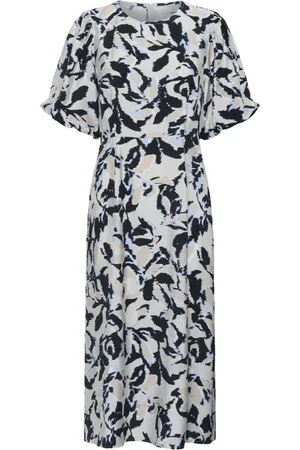 Kaffe Kleedjes, Dames, Veelkleurig, M, Bladprint Jurk in Beige/Zwart/Blauw